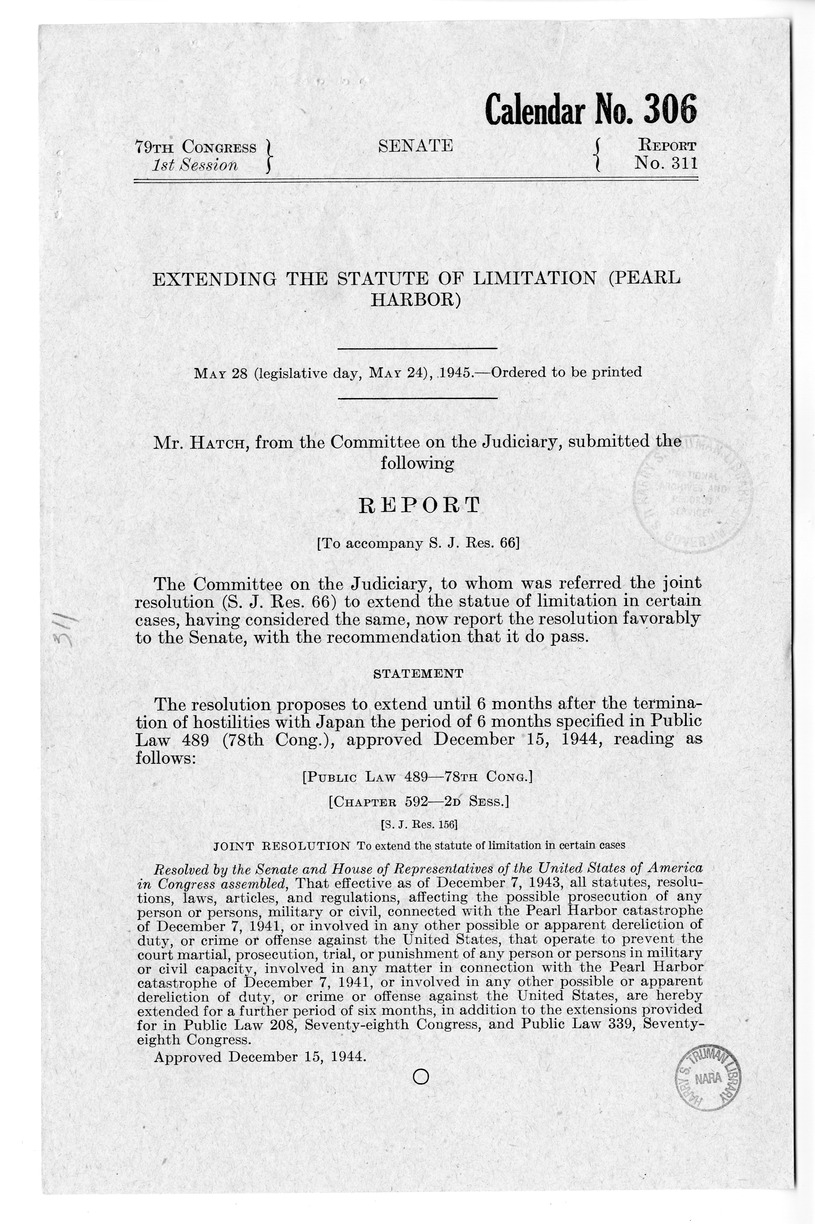 Memorandum from Harold D. Smith to M. C. Latta, S.J. Res. 66, to Extend the Statute of Limitations in Certain Cases, with Attachments