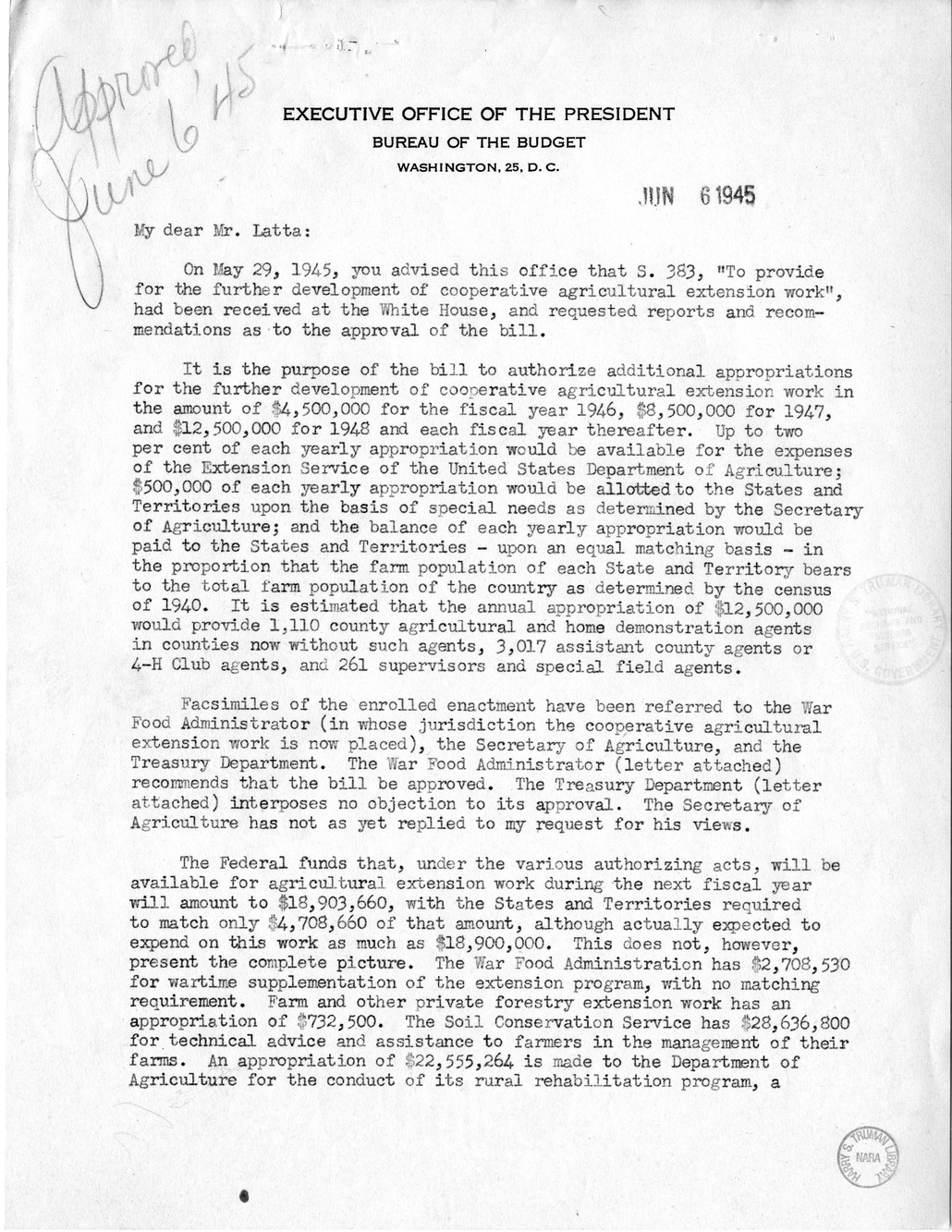 Memorandum from Harold D. Smith to M. C. Latta, S. 383, To Provide for the Further Development of Cooperative Agricultural Extension Work, with Attachments