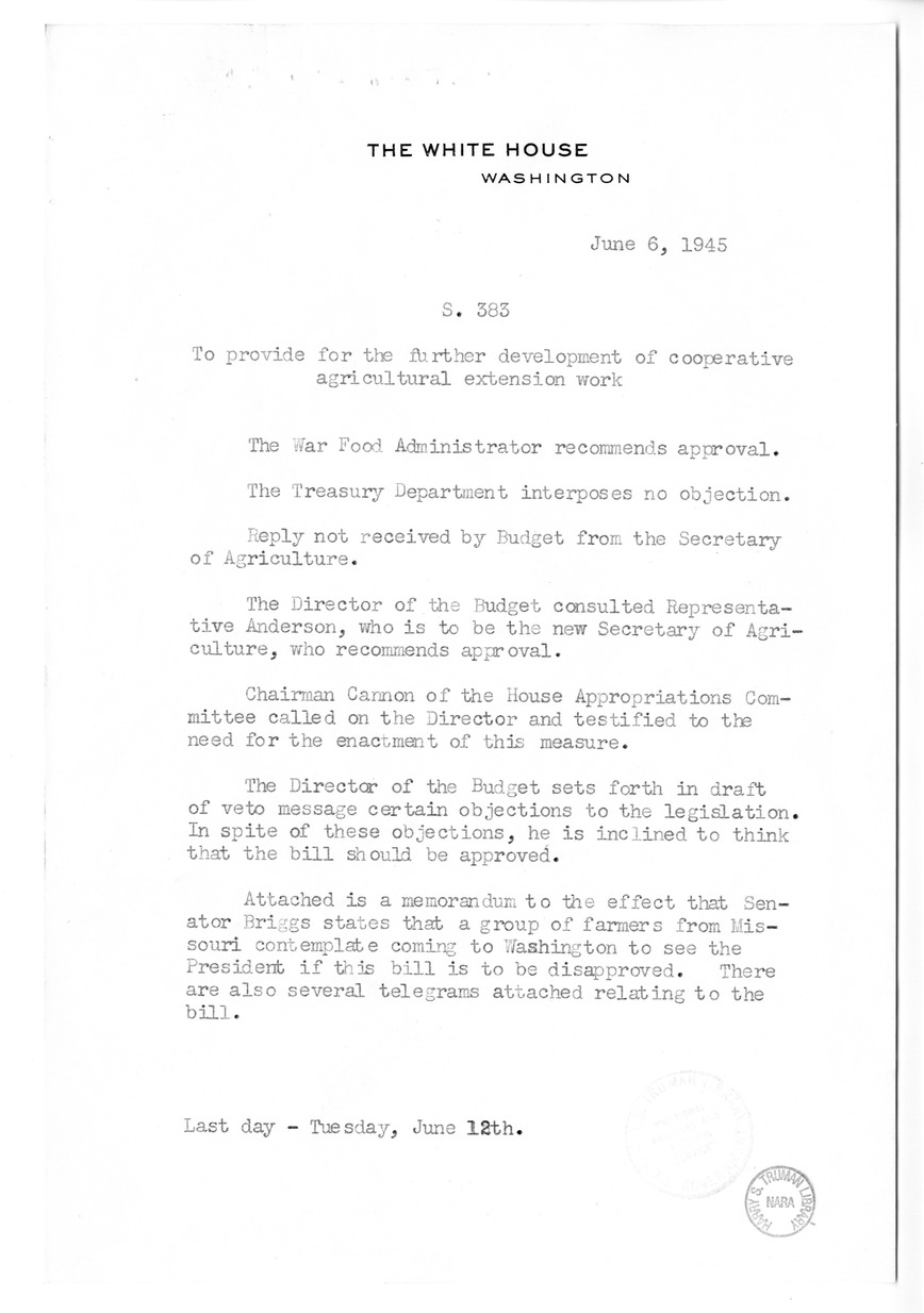 Memorandum from Harold D. Smith to M. C. Latta, S. 383, To Provide for the Further Development of Cooperative Agricultural Extension Work, with Attachments