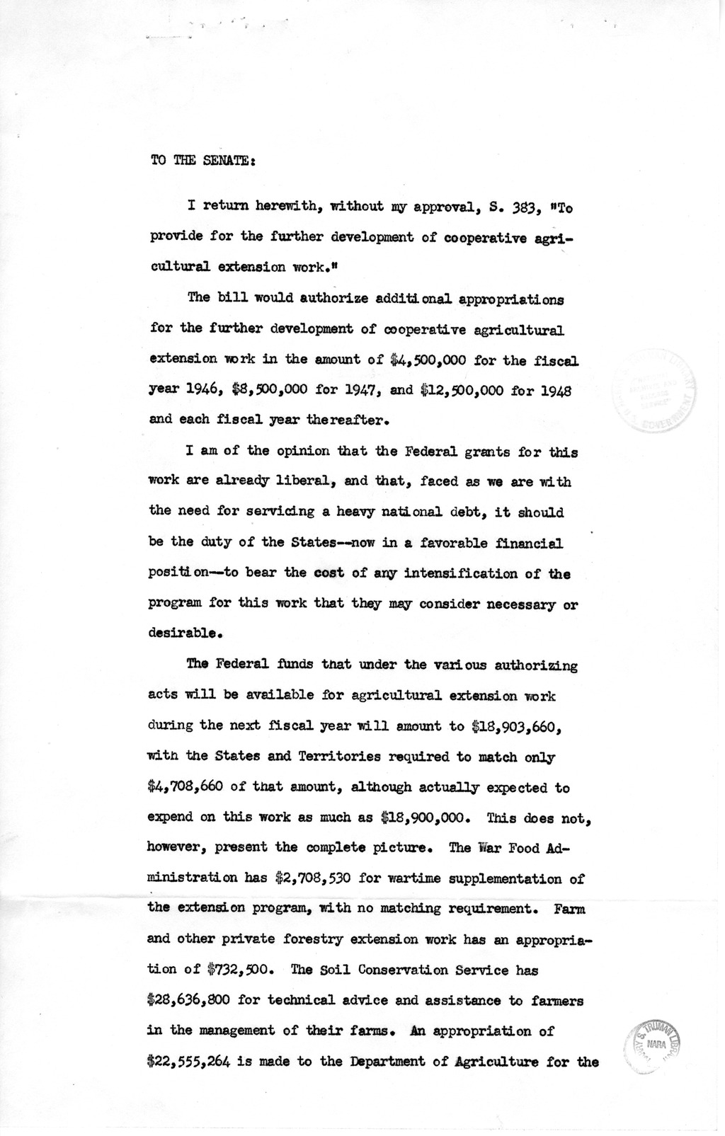 Memorandum from Harold D. Smith to M. C. Latta, S. 383, To Provide for the Further Development of Cooperative Agricultural Extension Work, with Attachments