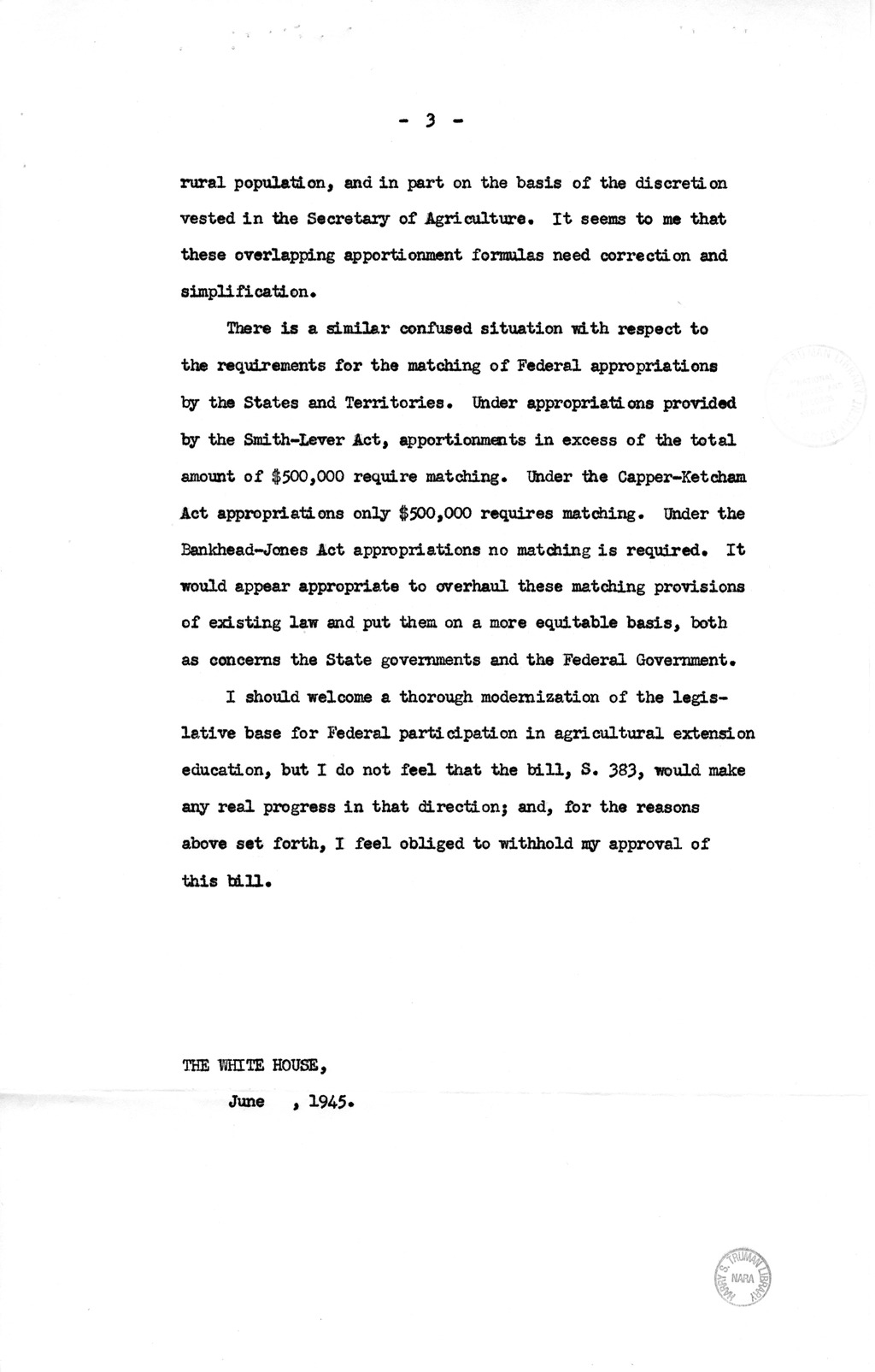 Memorandum from Harold D. Smith to M. C. Latta, S. 383, To Provide for the Further Development of Cooperative Agricultural Extension Work, with Attachments