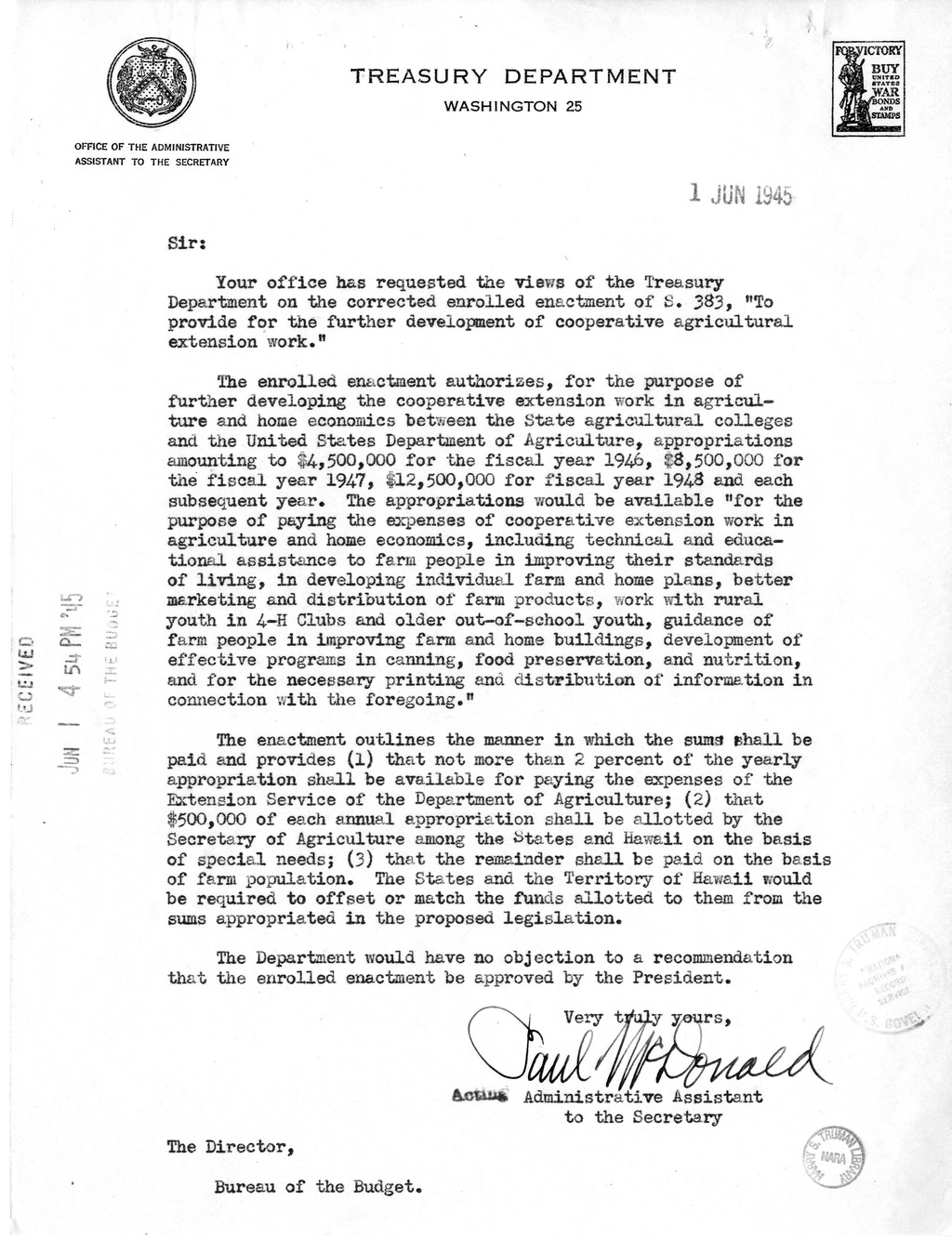 Memorandum from Harold D. Smith to M. C. Latta, S. 383, To Provide for the Further Development of Cooperative Agricultural Extension Work, with Attachments