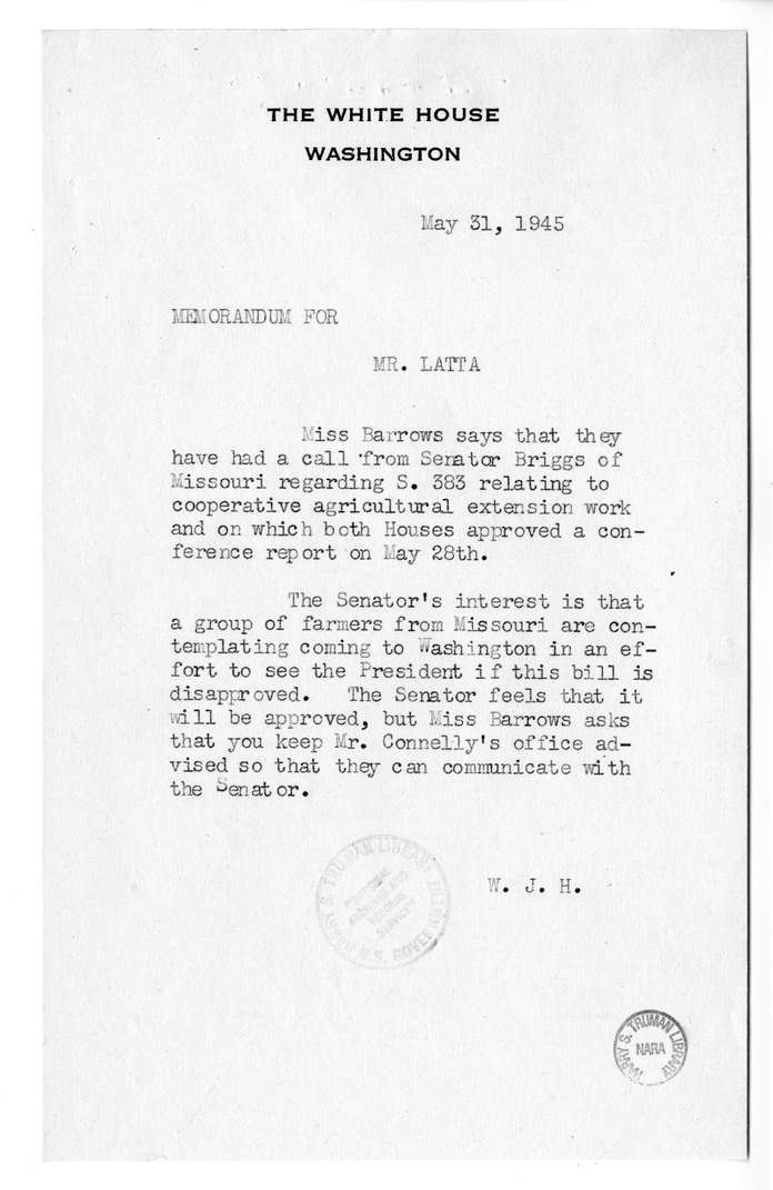 Memorandum from Harold D. Smith to M. C. Latta, S. 383, To Provide for the Further Development of Cooperative Agricultural Extension Work, with Attachments