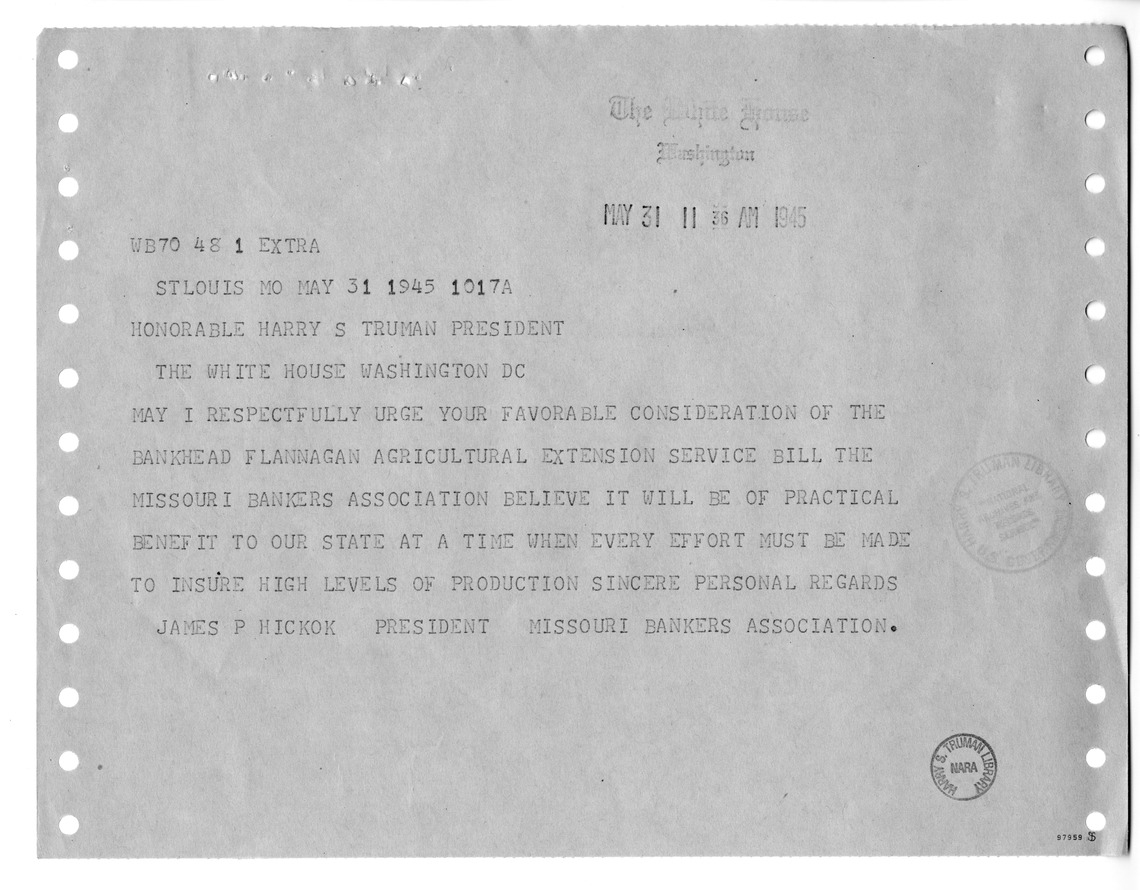 Memorandum from Harold D. Smith to M. C. Latta, S. 383, To Provide for the Further Development of Cooperative Agricultural Extension Work, with Attachments