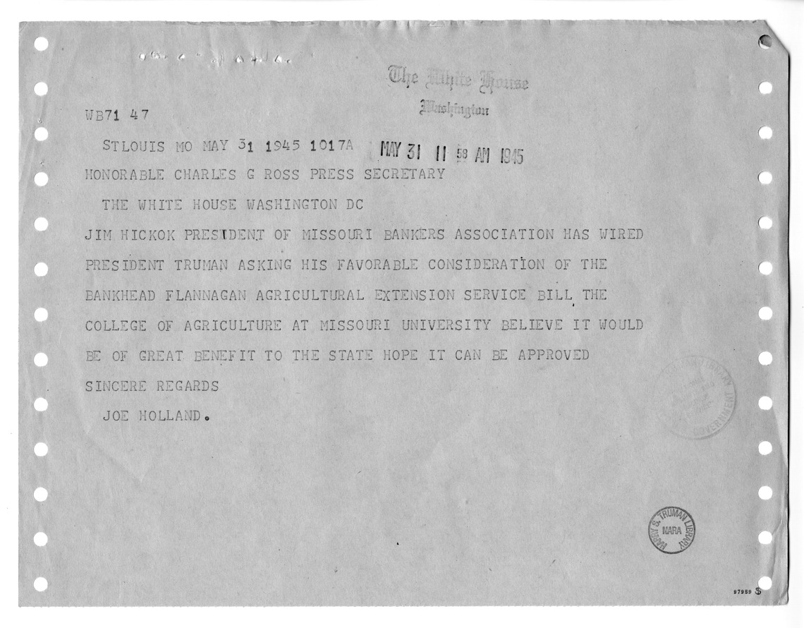 Memorandum from Harold D. Smith to M. C. Latta, S. 383, To Provide for the Further Development of Cooperative Agricultural Extension Work, with Attachments