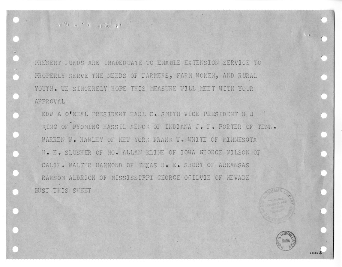 Memorandum from Harold D. Smith to M. C. Latta, S. 383, To Provide for the Further Development of Cooperative Agricultural Extension Work, with Attachments