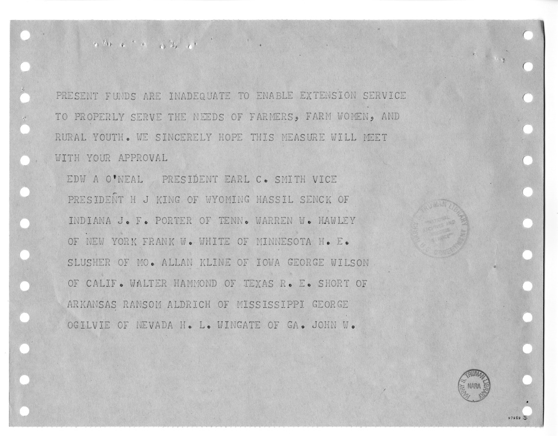 Memorandum from Harold D. Smith to M. C. Latta, S. 383, To Provide for the Further Development of Cooperative Agricultural Extension Work, with Attachments