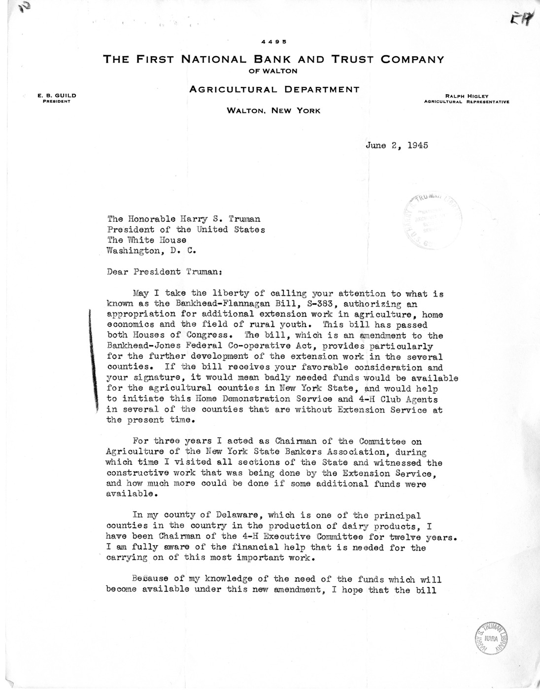 Memorandum from Harold D. Smith to M. C. Latta, S. 383, To Provide for the Further Development of Cooperative Agricultural Extension Work, with Attachments