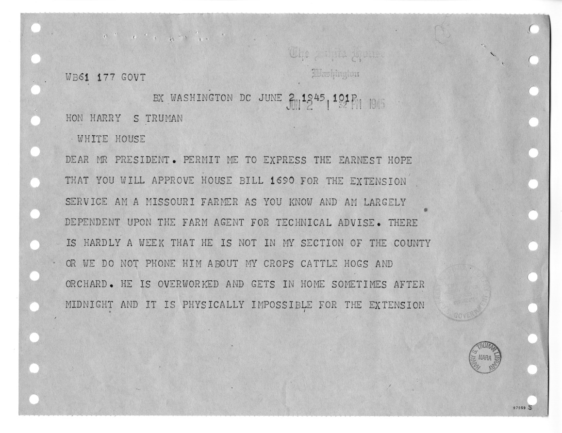 Memorandum from Harold D. Smith to M. C. Latta, S. 383, To Provide for the Further Development of Cooperative Agricultural Extension Work, with Attachments