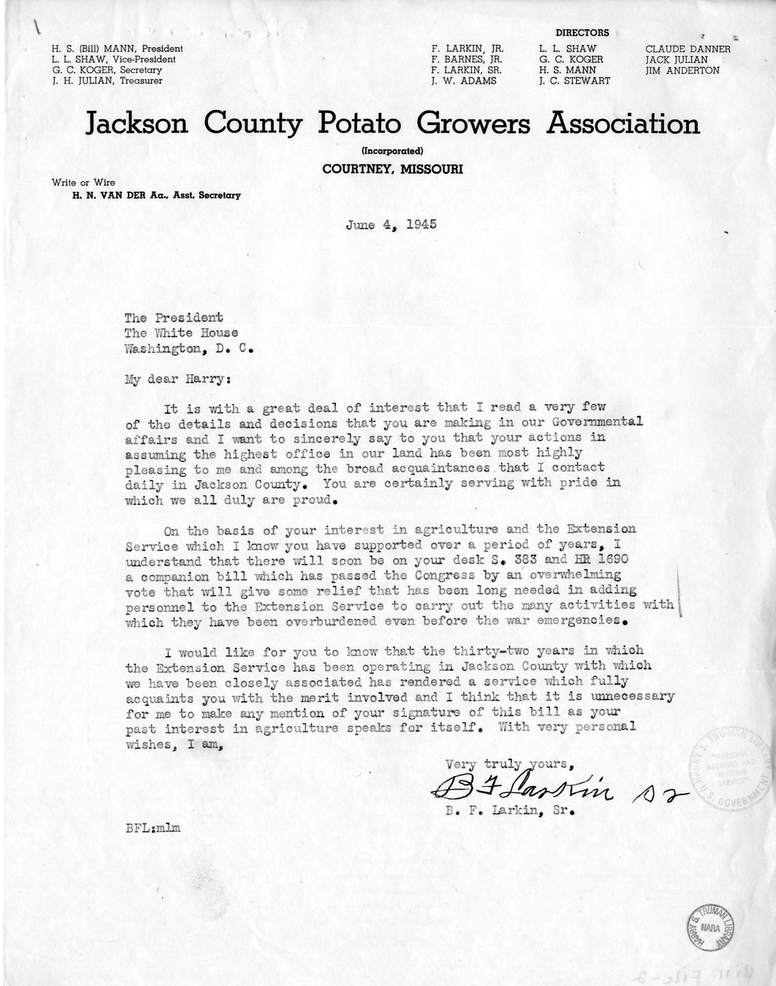 Memorandum from Harold D. Smith to M. C. Latta, S. 383, To Provide for the Further Development of Cooperative Agricultural Extension Work, with Attachments