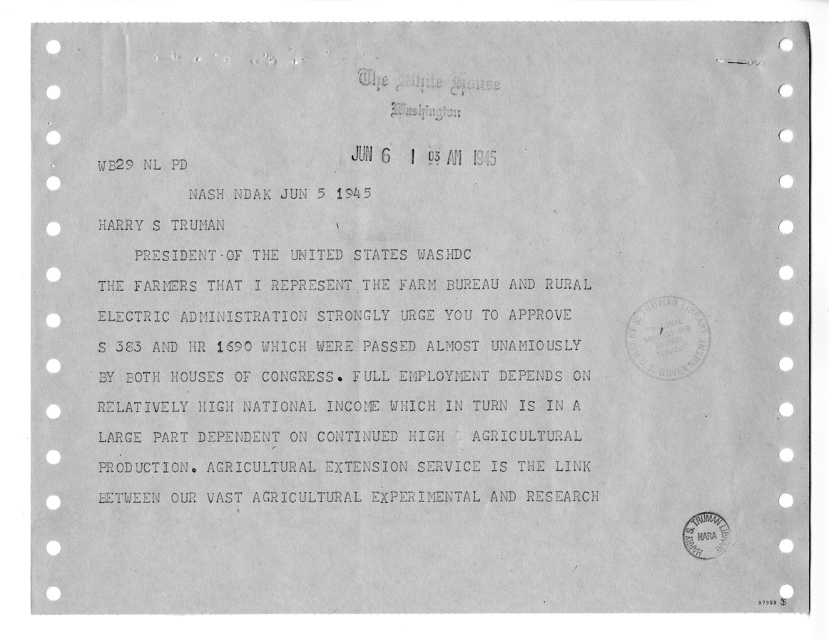 Memorandum from Harold D. Smith to M. C. Latta, S. 383, To Provide for the Further Development of Cooperative Agricultural Extension Work, with Attachments