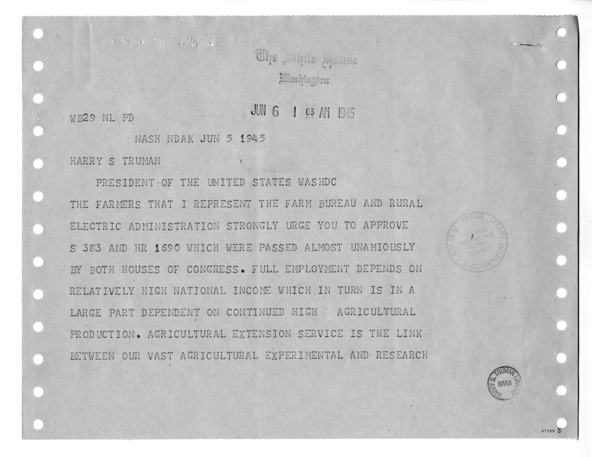 Memorandum from Harold D. Smith to M. C. Latta, S. 383, To Provide for the Further Development of Cooperative Agricultural Extension Work, with Attachments