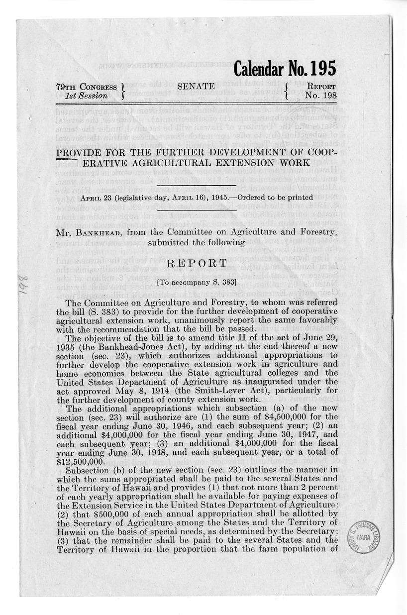 Memorandum from Harold D. Smith to M. C. Latta, S. 383, To Provide for the Further Development of Cooperative Agricultural Extension Work, with Attachments