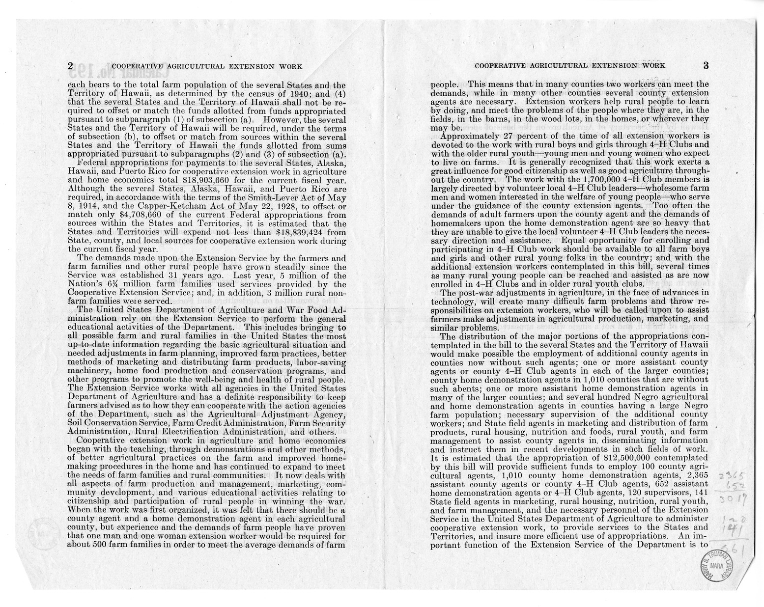 Memorandum from Harold D. Smith to M. C. Latta, S. 383, To Provide for the Further Development of Cooperative Agricultural Extension Work, with Attachments