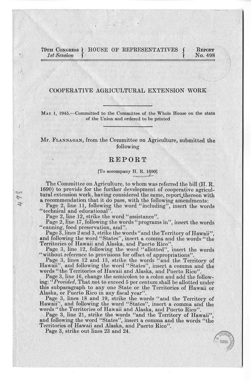 Memorandum from Harold D. Smith to M. C. Latta, S. 383, To Provide for the Further Development of Cooperative Agricultural Extension Work, with Attachments