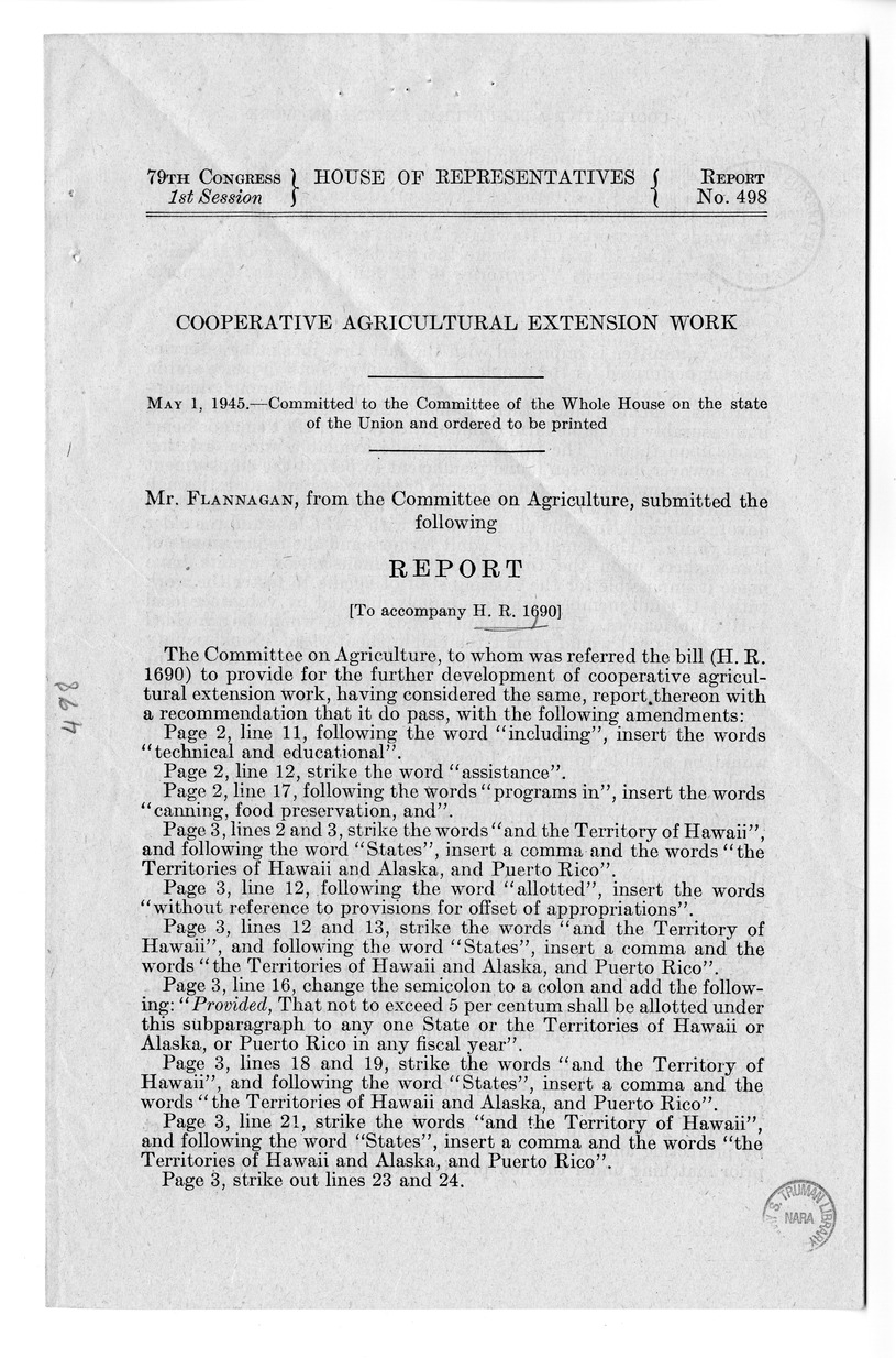 Memorandum from Harold D. Smith to M. C. Latta, S. 383, To Provide for the Further Development of Cooperative Agricultural Extension Work, with Attachments