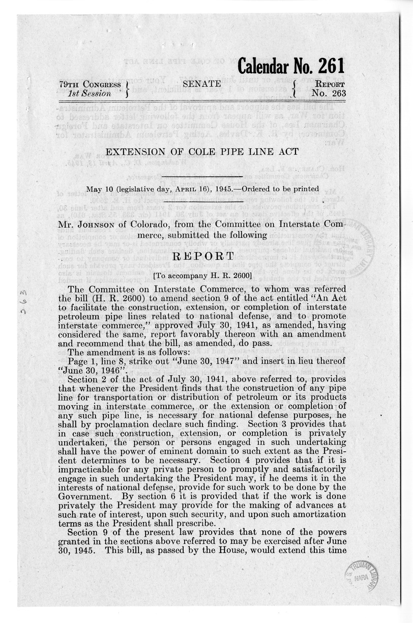 Memorandum from Harold D. Smith to M. C. Latta, H.R. 2600, To An Act to Facilitate the Construction, Extension, or Completion of Interstate Petroleum Pipe Lines Related to National Defense, and to Promote Interstate Commerce, with Attachments