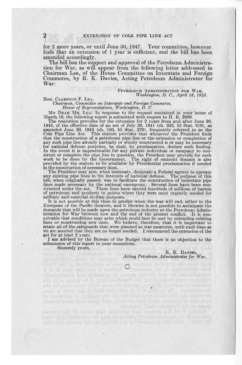 Memorandum from Harold D. Smith to M. C. Latta, H.R. 2600, To An Act to Facilitate the Construction, Extension, or Completion of Interstate Petroleum Pipe Lines Related to National Defense, and to Promote Interstate Commerce, with Attachments