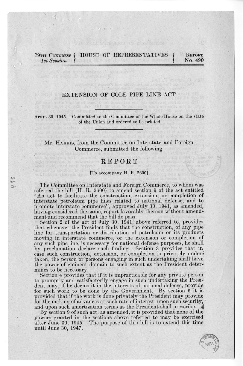 Memorandum from Harold D. Smith to M. C. Latta, H.R. 2600, To An Act to Facilitate the Construction, Extension, or Completion of Interstate Petroleum Pipe Lines Related to National Defense, and to Promote Interstate Commerce, with Attachments