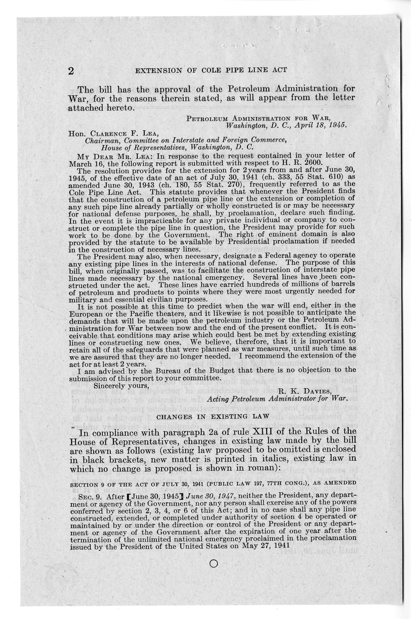 Memorandum from Harold D. Smith to M. C. Latta, H.R. 2600, To An Act to Facilitate the Construction, Extension, or Completion of Interstate Petroleum Pipe Lines Related to National Defense, and to Promote Interstate Commerce, with Attachments