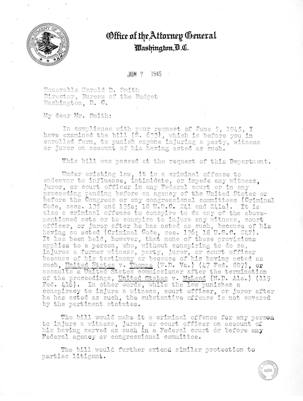 Memorandum from Frederick Bailey to M. C. Latta, S. 633, to Amend the Criminal Code so as to Punish Anyone Injuring a Party, Witness, or Juror on Account of His Having Acted as Such, with Attachments