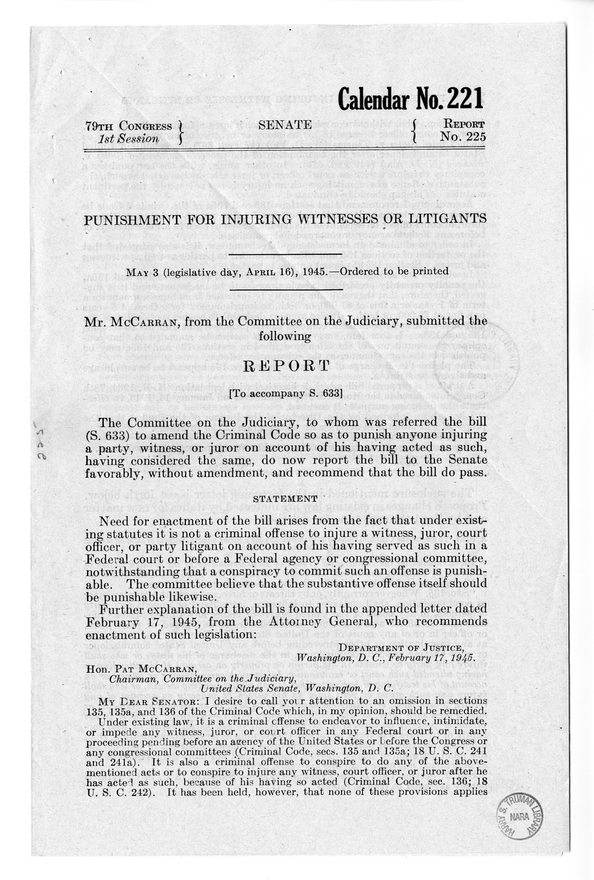 Memorandum from Frederick Bailey to M. C. Latta, S. 633, to Amend the Criminal Code so as to Punish Anyone Injuring a Party, Witness, or Juror on Account of His Having Acted as Such, with Attachments