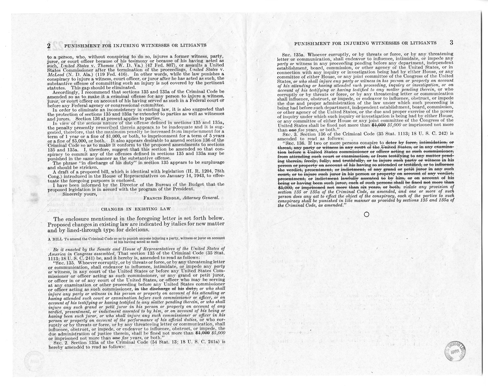 Memorandum from Frederick Bailey to M. C. Latta, S. 633, to Amend the Criminal Code so as to Punish Anyone Injuring a Party, Witness, or Juror on Account of His Having Acted as Such, with Attachments