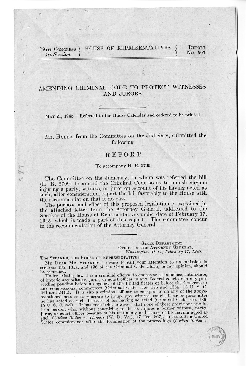 Memorandum from Frederick Bailey to M. C. Latta, S. 633, to Amend the Criminal Code so as to Punish Anyone Injuring a Party, Witness, or Juror on Account of His Having Acted as Such, with Attachments