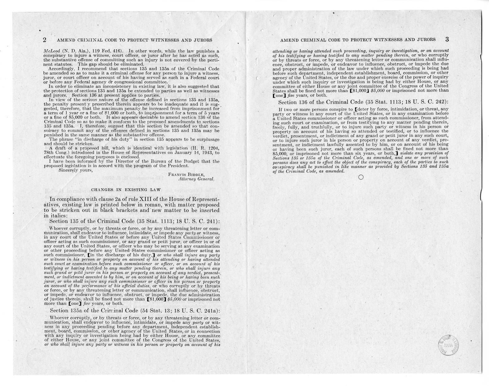 Memorandum from Frederick Bailey to M. C. Latta, S. 633, to Amend the Criminal Code so as to Punish Anyone Injuring a Party, Witness, or Juror on Account of His Having Acted as Such, with Attachments