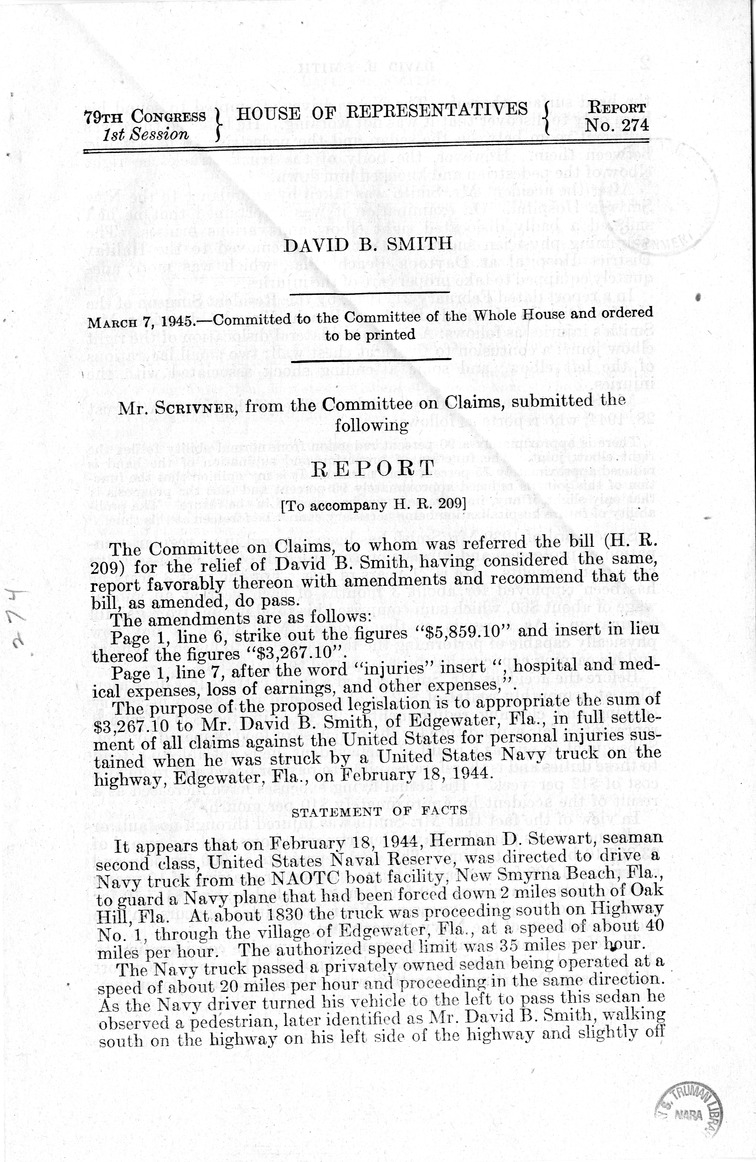 Memorandum from Frederick J. Bailey to M. C. Latta, H.R. 209, For the Relief of David B. Smith, with Attachments