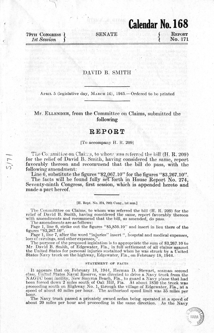 Memorandum from Frederick J. Bailey to M. C. Latta, H.R. 209, For the Relief of David B. Smith, with Attachments