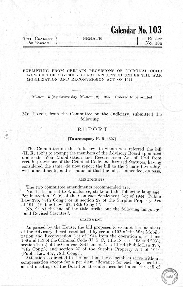 Memorandum from Harold D. Smith to M. C. Latta, H.R. 1527, To Exempt the Members of the Advisory Board Appointed Under the War Mobilization and Reconversion Act of 1944 From Certain Provisions of the Criminal Code, with Attachments