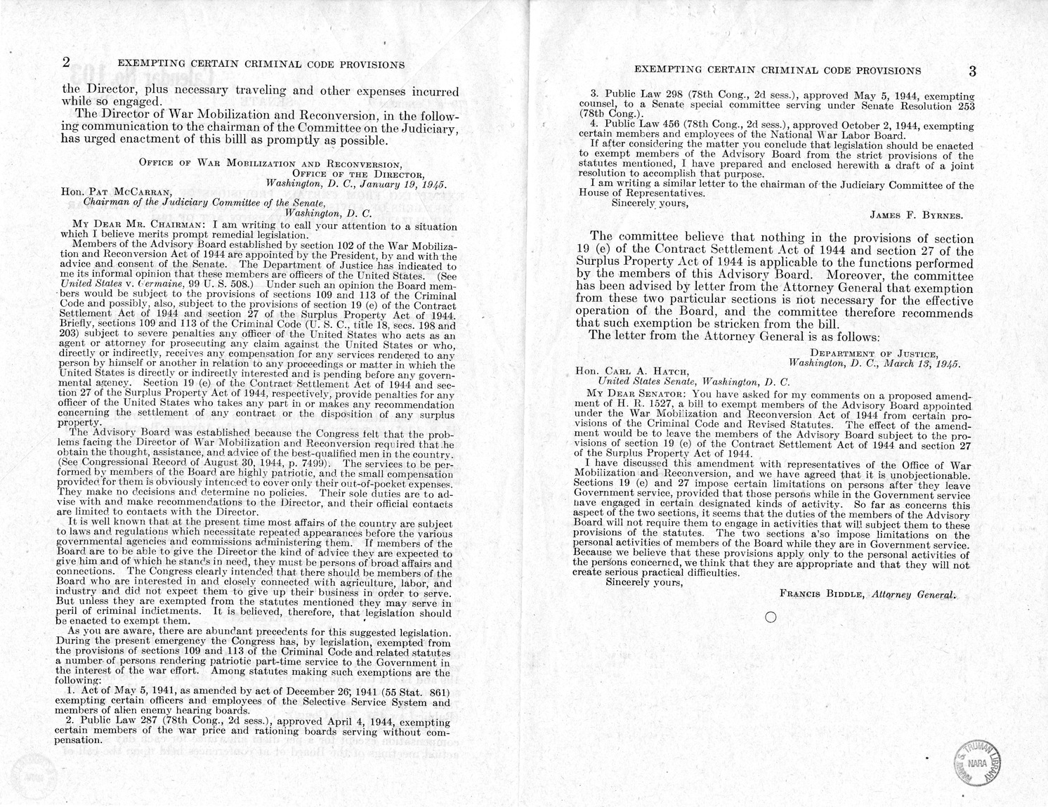 Memorandum from Harold D. Smith to M. C. Latta, H.R. 1527, To Exempt the Members of the Advisory Board Appointed Under the War Mobilization and Reconversion Act of 1944 From Certain Provisions of the Criminal Code, with Attachments