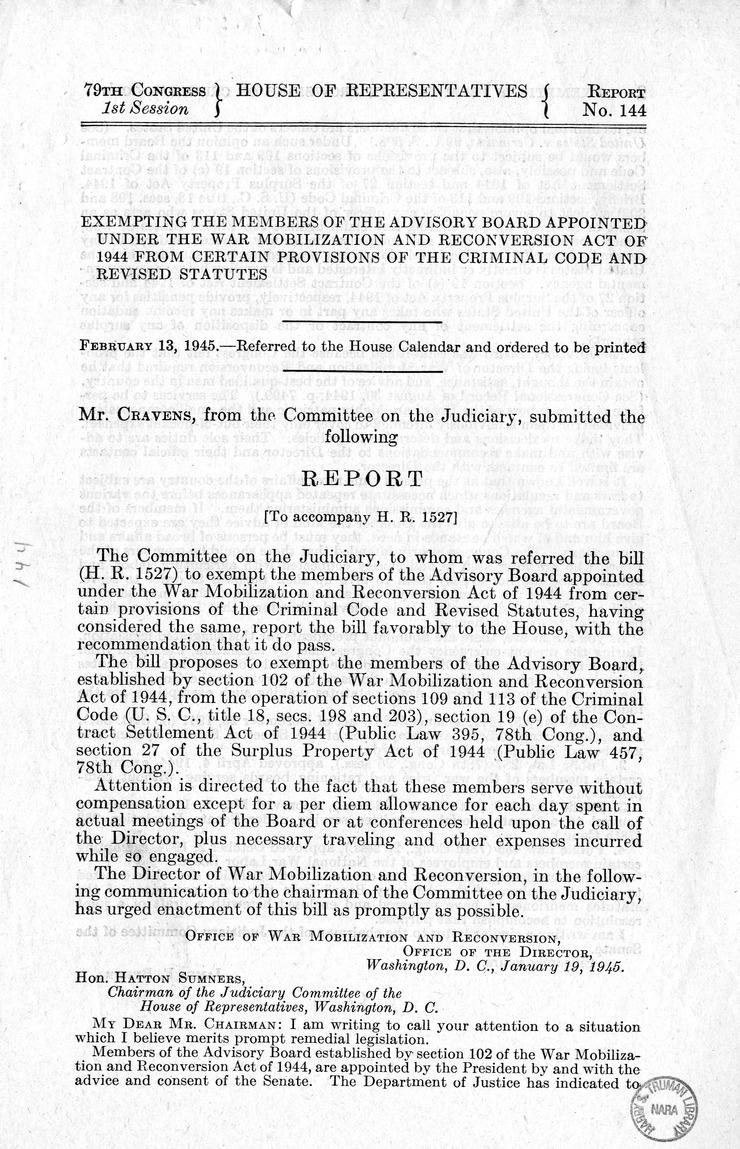 Memorandum from Harold D. Smith to M. C. Latta, H.R. 1527, To Exempt the Members of the Advisory Board Appointed Under the War Mobilization and Reconversion Act of 1944 From Certain Provisions of the Criminal Code, with Attachments