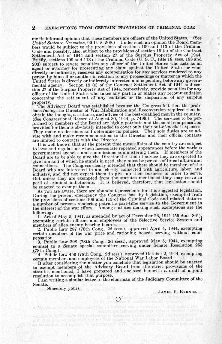 Memorandum from Harold D. Smith to M. C. Latta, H.R. 1527, To Exempt the Members of the Advisory Board Appointed Under the War Mobilization and Reconversion Act of 1944 From Certain Provisions of the Criminal Code, with Attachments