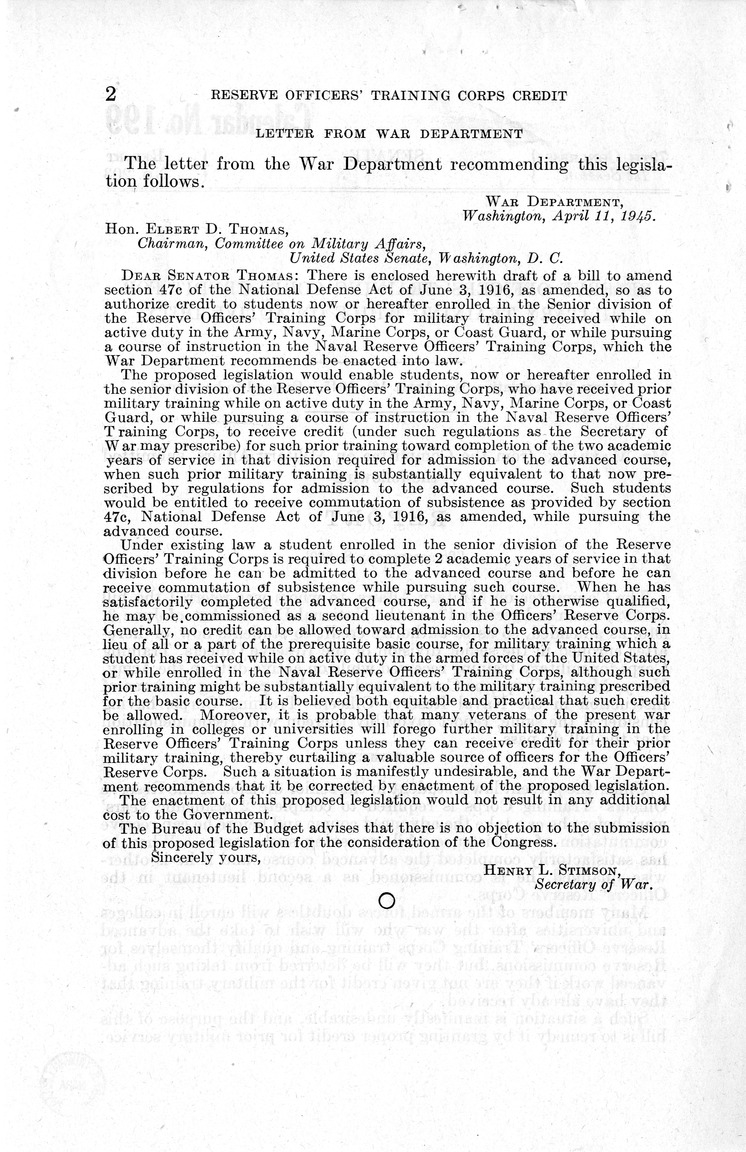 Memorandum from Harold D. Smith to M. C. Latta, S. 889, To Amend Section 47c of the National Defense Act of June 3, 1916, as Amended, with Attachments