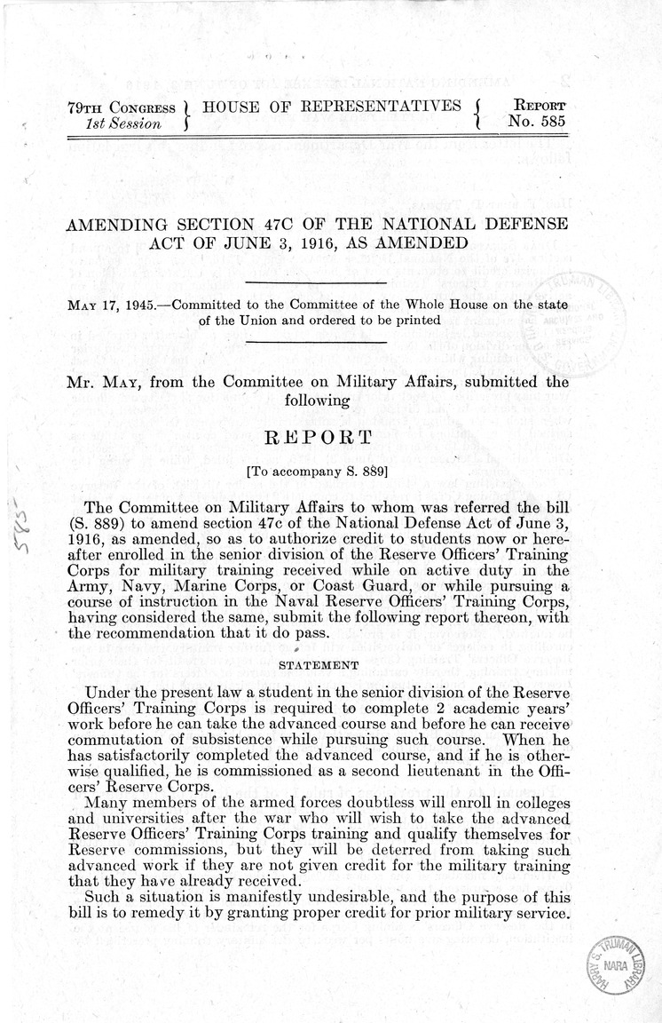 Memorandum from Harold D. Smith to M. C. Latta, S. 889, To Amend Section 47c of the National Defense Act of June 3, 1916, as Amended, with Attachments