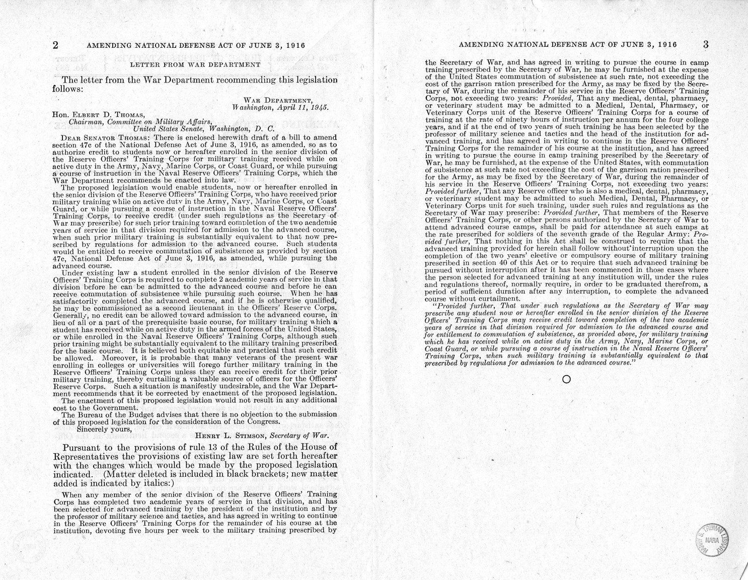 Memorandum from Harold D. Smith to M. C. Latta, S. 889, To Amend Section 47c of the National Defense Act of June 3, 1916, as Amended, with Attachments