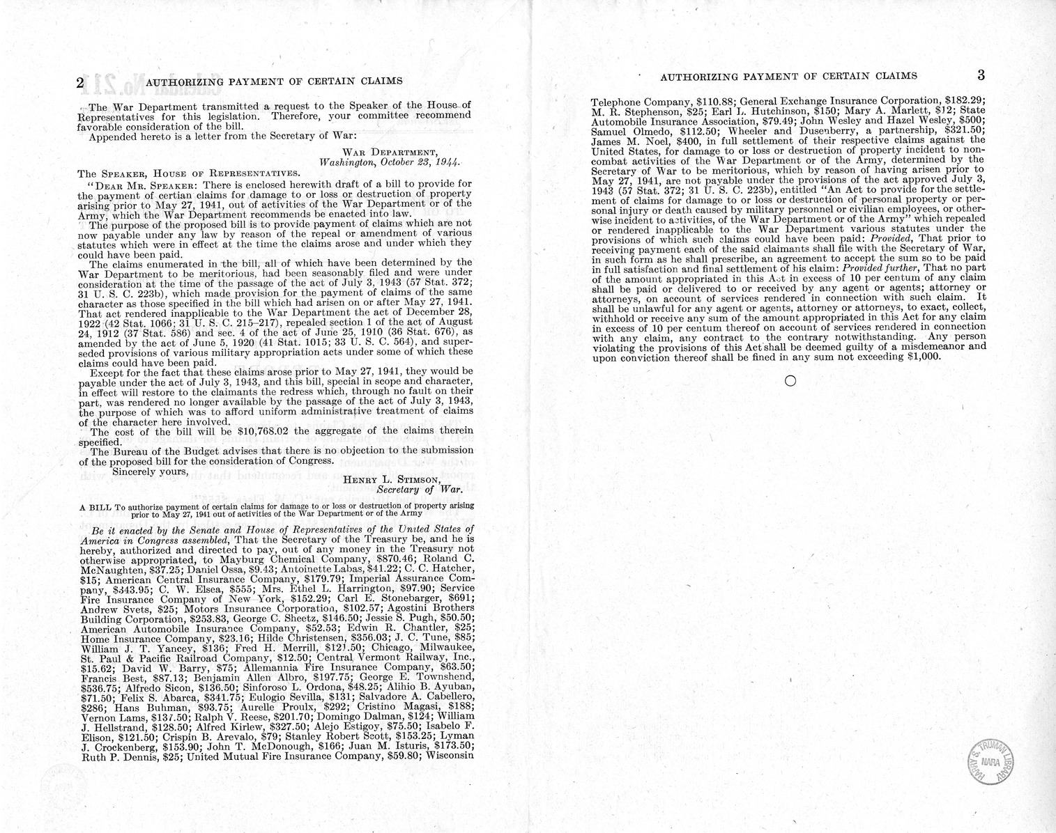 Memorandum from Frederick J. Bailey to M. C. Latta, H.R. 981, To Authorize Payment of Certain Claims for Damage to or Loss or Destruction of Property Arising Prior to May 27, 1941, Out of Activities of the War Department or of the Army, with Attachments