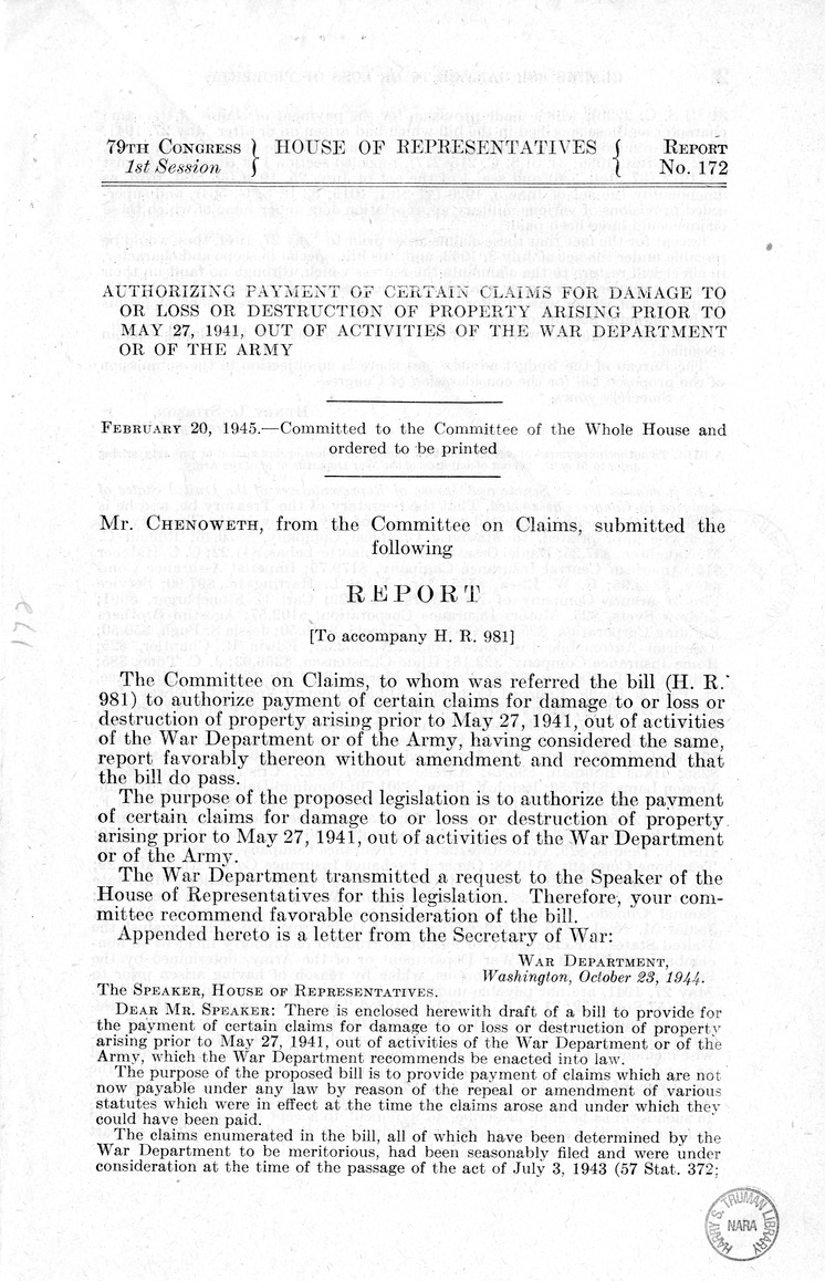 Memorandum from Frederick J. Bailey to M. C. Latta, H.R. 981, To Authorize Payment of Certain Claims for Damage to or Loss or Destruction of Property Arising Prior to May 27, 1941, Out of Activities of the War Department or of the Army, with Attachments