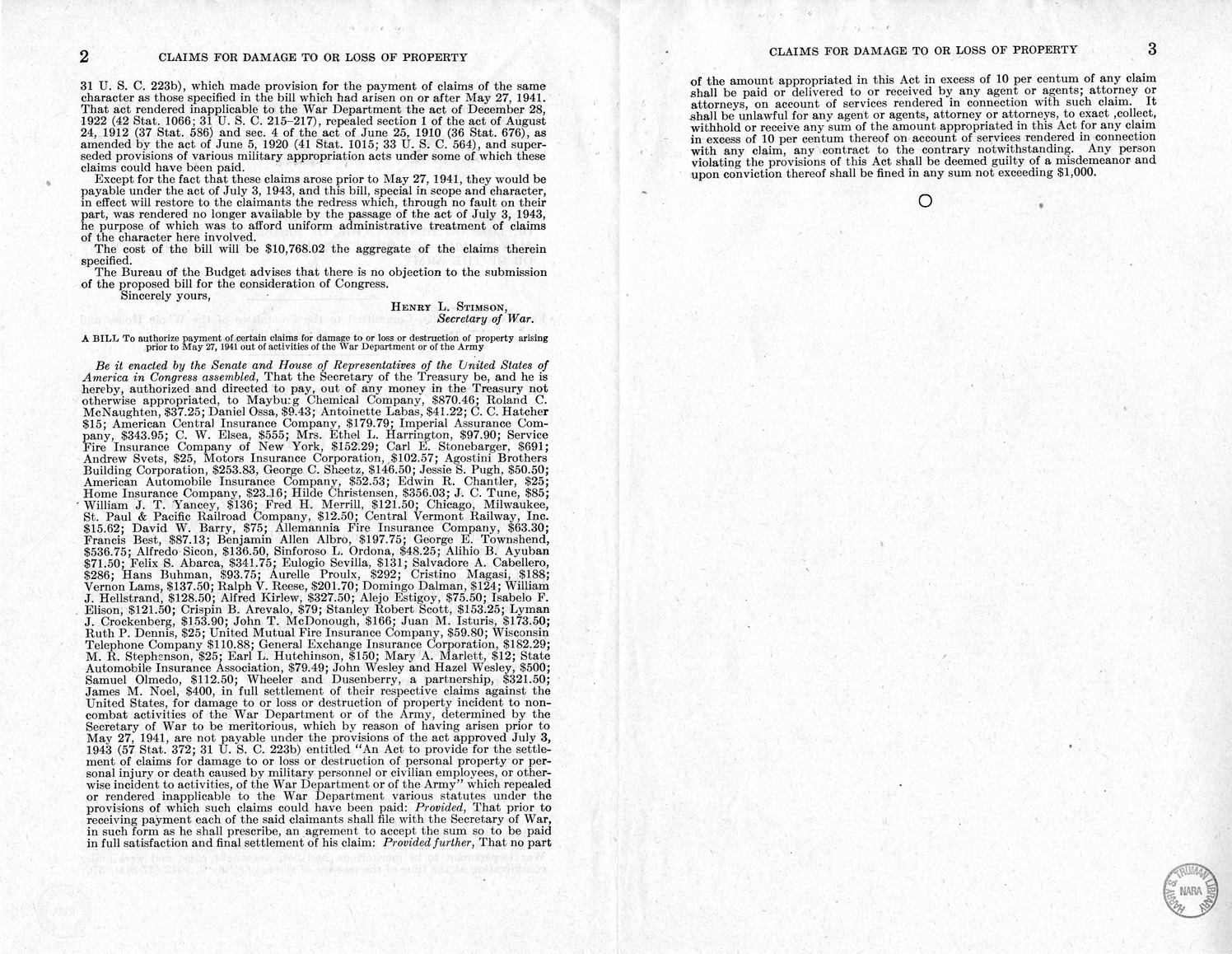 Memorandum from Frederick J. Bailey to M. C. Latta, H.R. 981, To Authorize Payment of Certain Claims for Damage to or Loss or Destruction of Property Arising Prior to May 27, 1941, Out of Activities of the War Department or of the Army, with Attachments