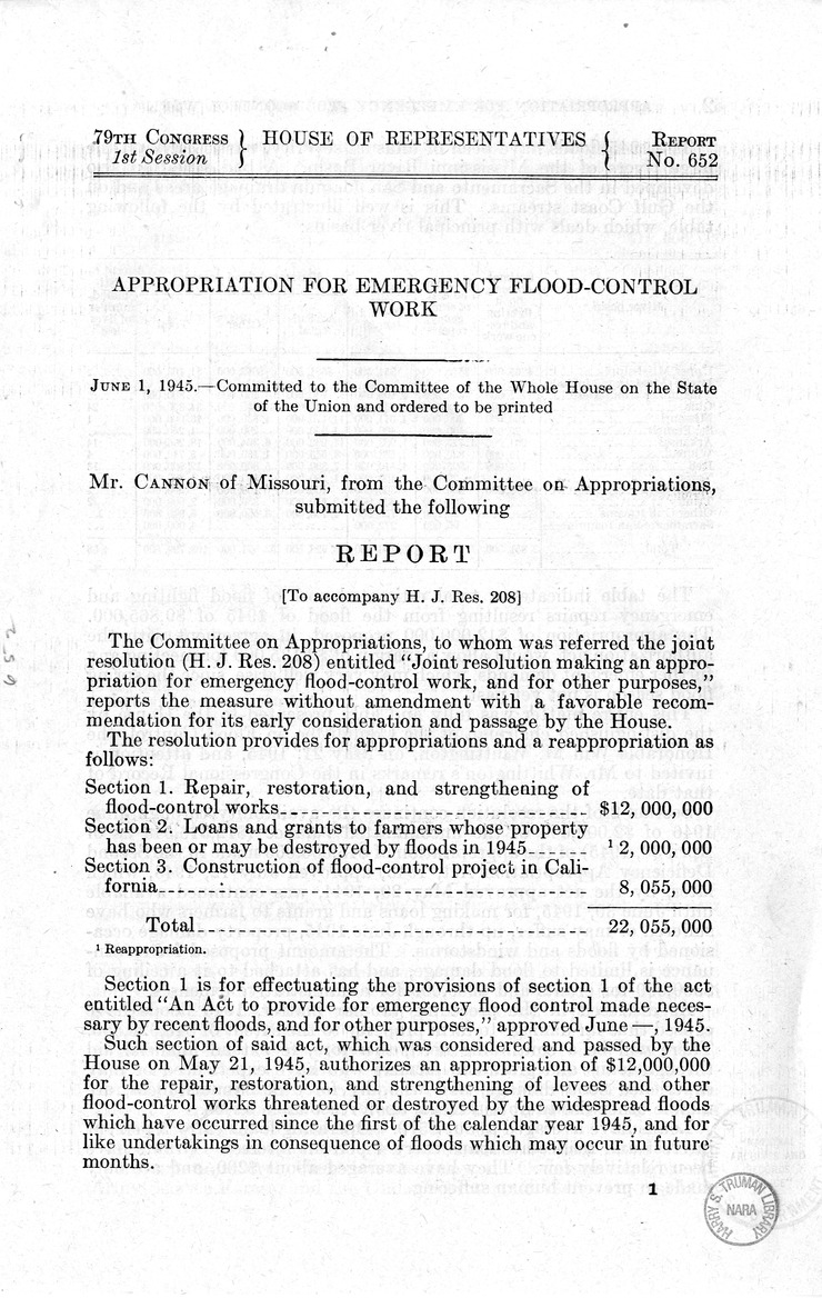 Memorandum from Harold D. Smith to M. C. Latta, H.J. Res. 208, Making an Appropriation for Emergency Flood-Control Work, with Attachments