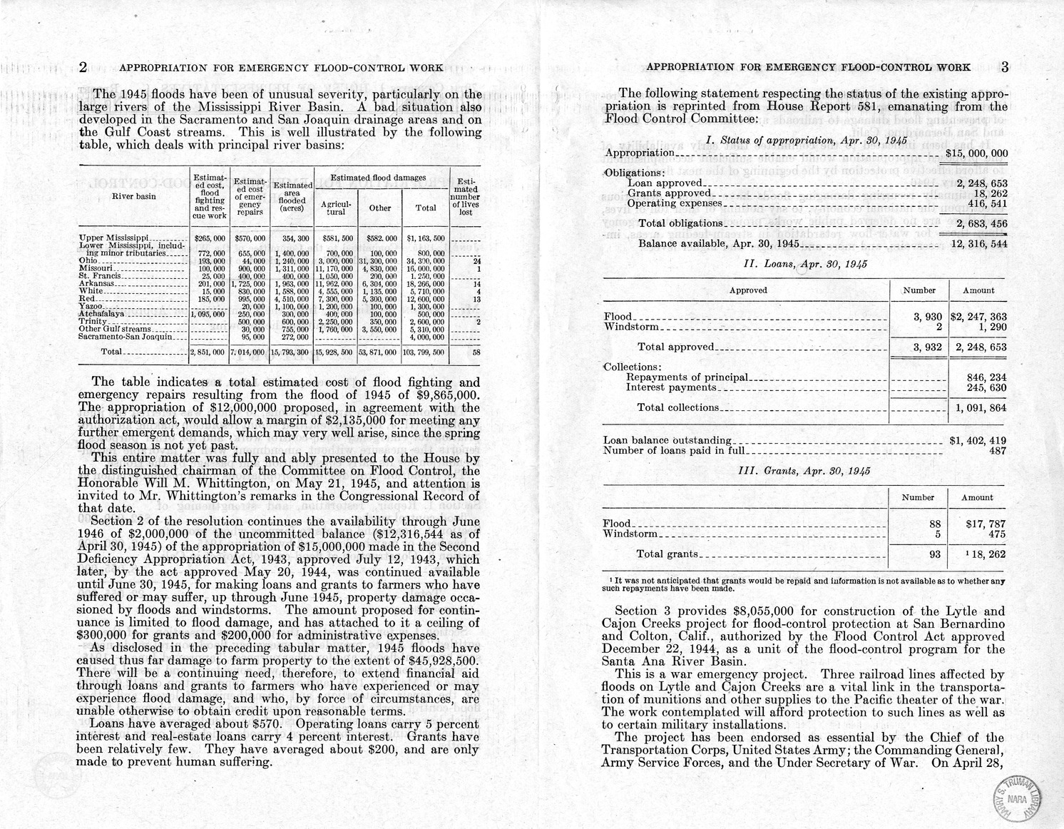 Memorandum from Harold D. Smith to M. C. Latta, H.J. Res. 208, Making an Appropriation for Emergency Flood-Control Work, with Attachments