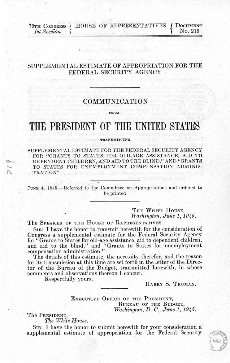 Memorandum from Harold D. Smith to M. C. Latta, H.J. Res. 212, Making a Supplemental Appropriation for the For the Fiscal Year Ending June 30, 1945, for the Children's Bureau, Department of Labor, and for Other Purposes, with Attachments