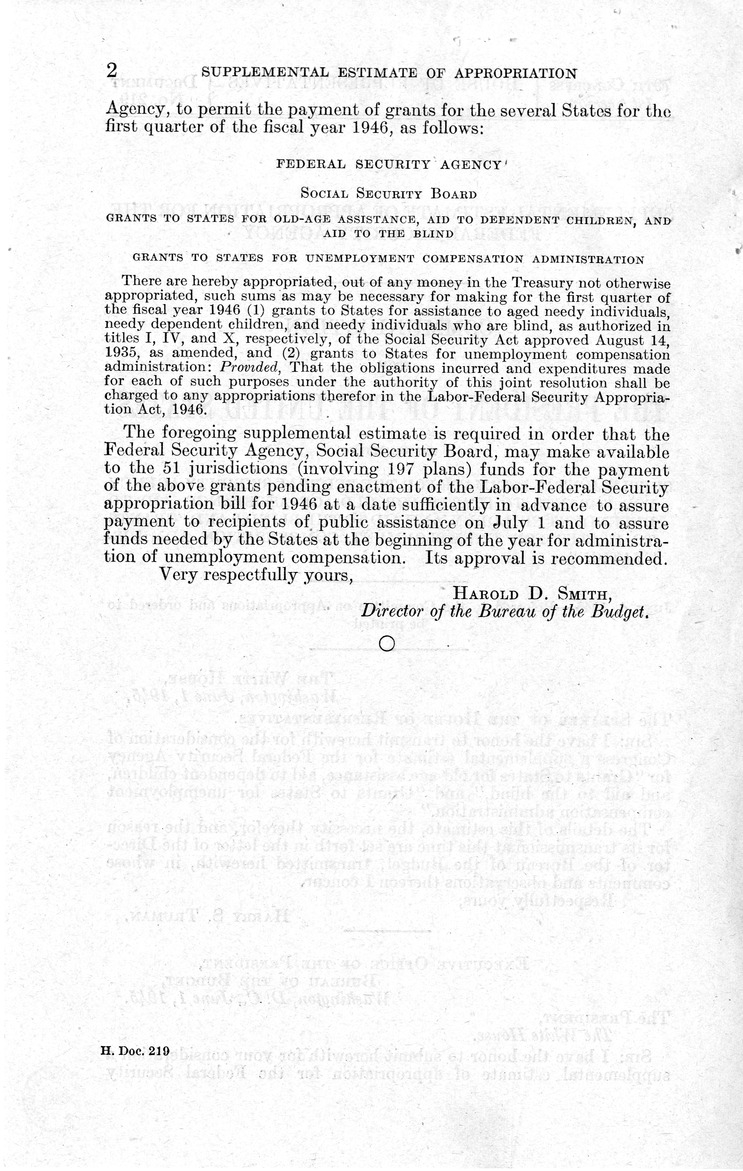 Memorandum from Harold D. Smith to M. C. Latta, H.J. Res. 212, Making a Supplemental Appropriation for the For the Fiscal Year Ending June 30, 1945, for the Children's Bureau, Department of Labor, and for Other Purposes, with Attachments