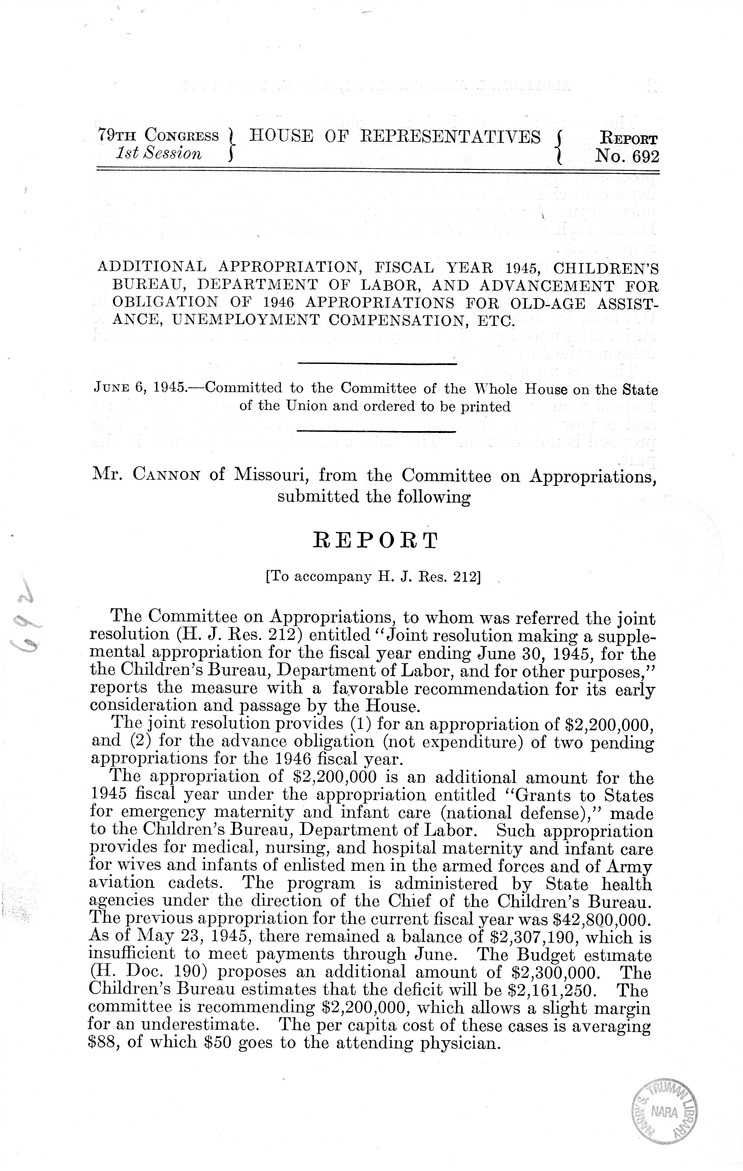 Memorandum from Harold D. Smith to M. C. Latta, H.J. Res. 212, Making a Supplemental Appropriation for the For the Fiscal Year Ending June 30, 1945, for the Children's Bureau, Department of Labor, and for Other Purposes, with Attachments