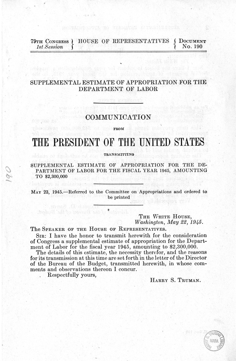 Memorandum from Harold D. Smith to M. C. Latta, H.J. Res. 212, Making a Supplemental Appropriation for the For the Fiscal Year Ending June 30, 1945, for the Children's Bureau, Department of Labor, and for Other Purposes, with Attachments