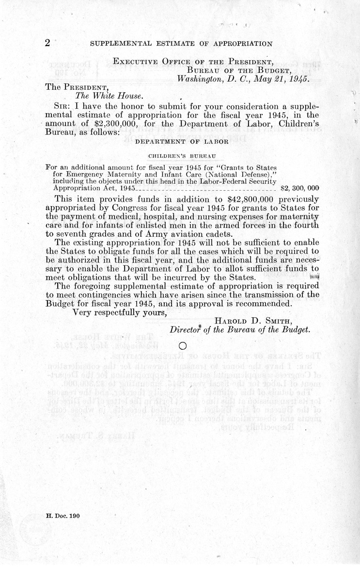 Memorandum from Harold D. Smith to M. C. Latta, H.J. Res. 212, Making a Supplemental Appropriation for the For the Fiscal Year Ending June 30, 1945, for the Children's Bureau, Department of Labor, and for Other Purposes, with Attachments