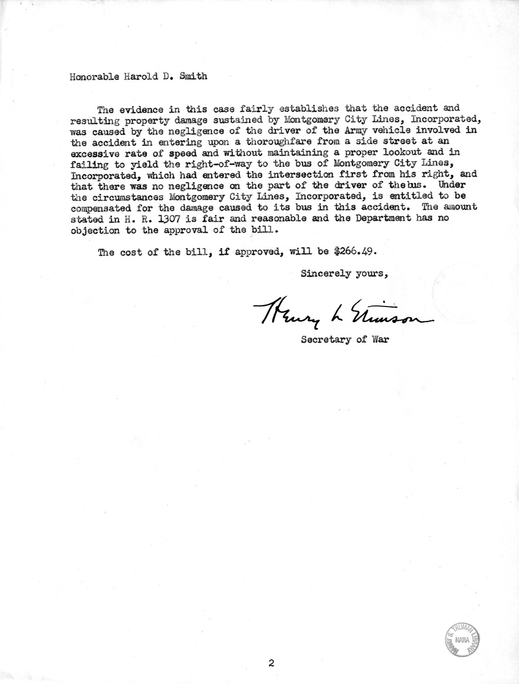 Memorandum from Frederick J. Bailey to M. C. Latta, H.R. 1307, For the Relief of Montgomery City Lines, Incorporated, with Attachments