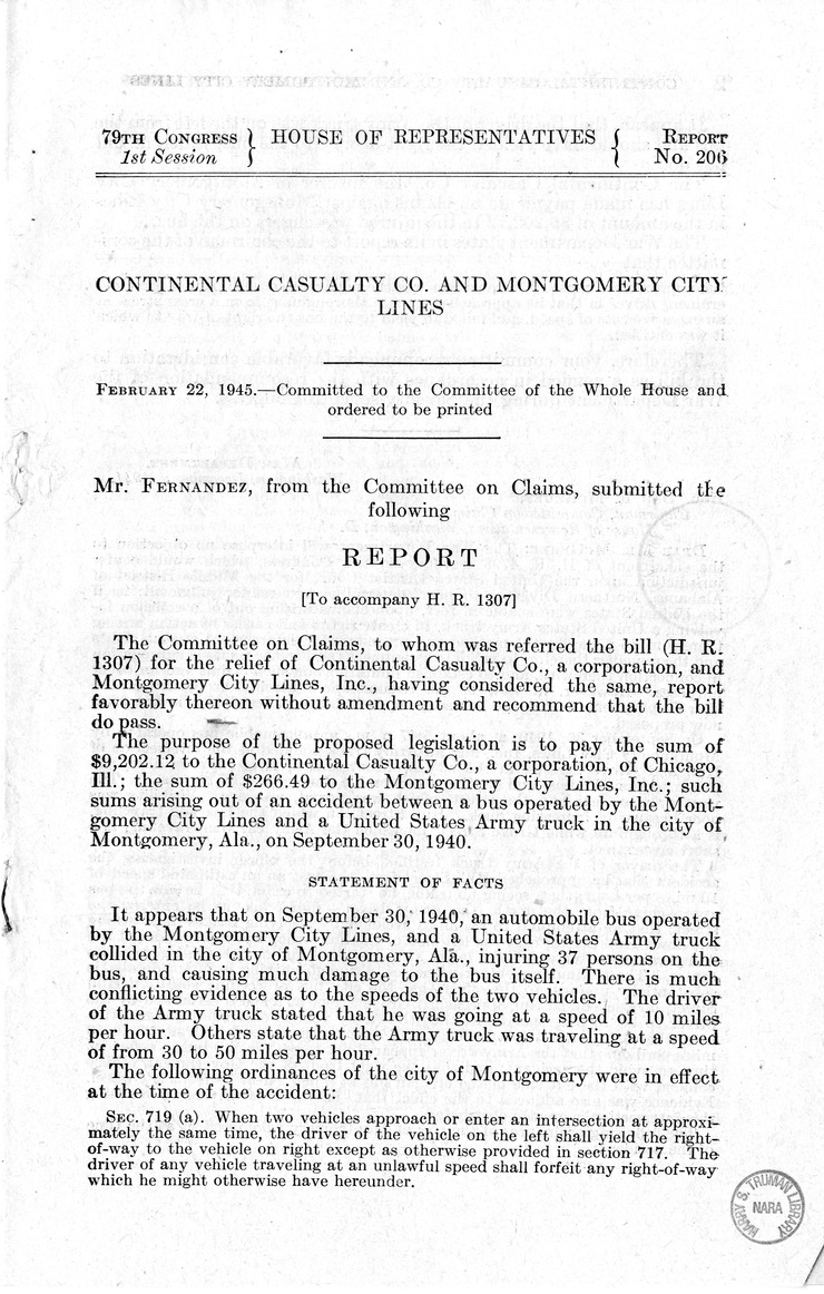 Memorandum from Frederick J. Bailey to M. C. Latta, H.R. 1307, For the Relief of Montgomery City Lines, Incorporated, with Attachments